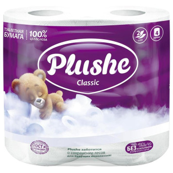 Туалетная бумага Plushe Classic2-хсл.18м(4рул) Белое сплошное